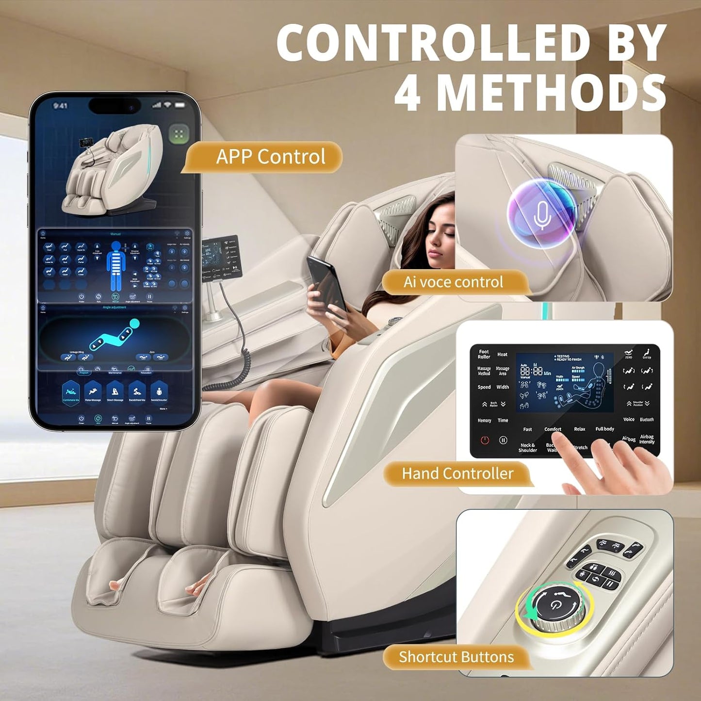 4D Massage Chair Full Body Zero Gravity Recliner - 55“ SL-Track,15 Auto Modes,11 Massage Technique,40 Airbags Massage,with Yoga Stretch,APP Control,Shiatsu Foot Massage(Beige)