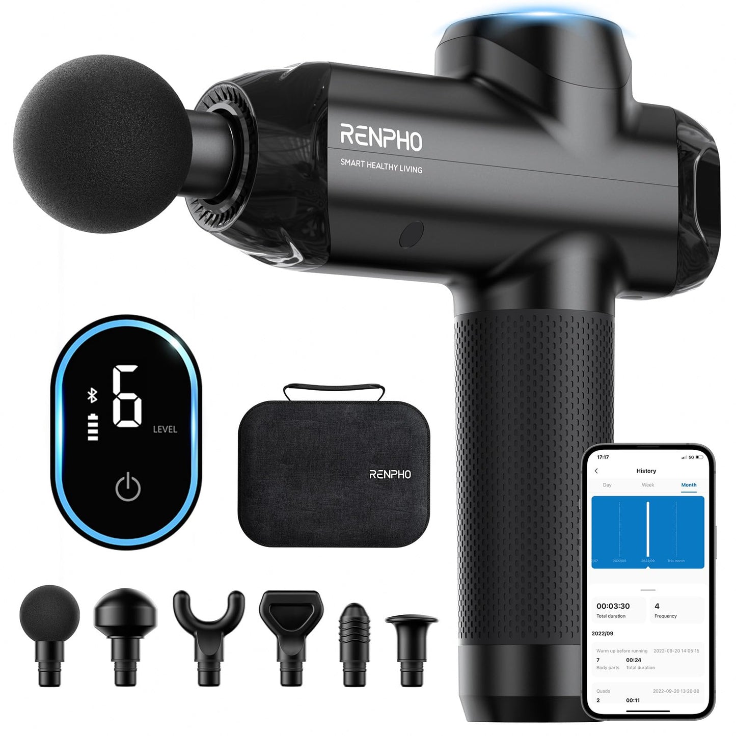RENPHO Massage Gun Deep Tissue with Heat and Cold, Percussion Muscle Massage Gun Bluetooth with 12mm Amplitude, Handheld Massager Gun, Power+ Thermacool Grey