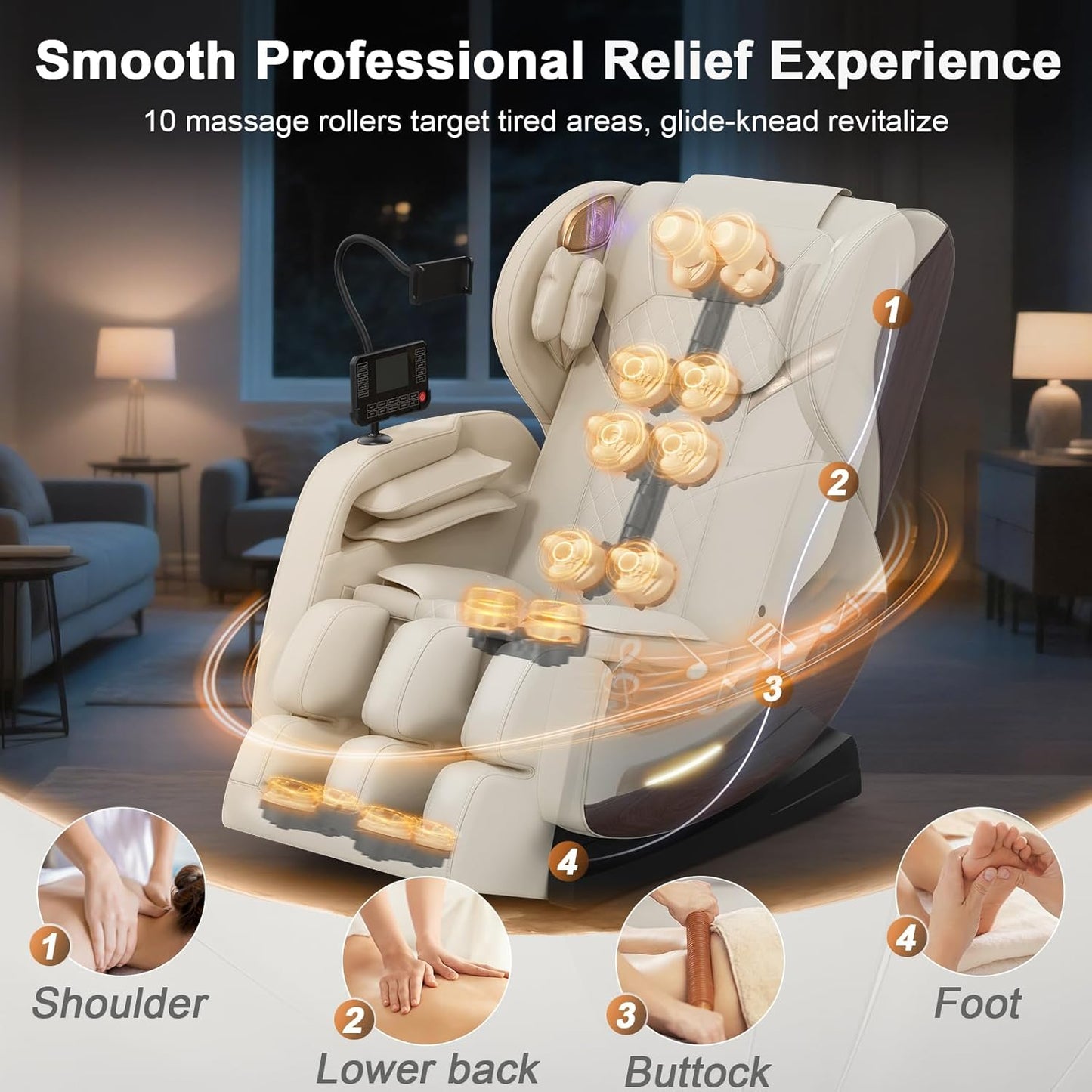 2025 Massage Chair, Massage Chairs Full Body and Recliner with 10 Fixed Points, Zero Gravity, Wood Grain Leather, Foot Massage, Airbags, Lumbar Heating, Bluetooth and Control Screen (Creamy White)
