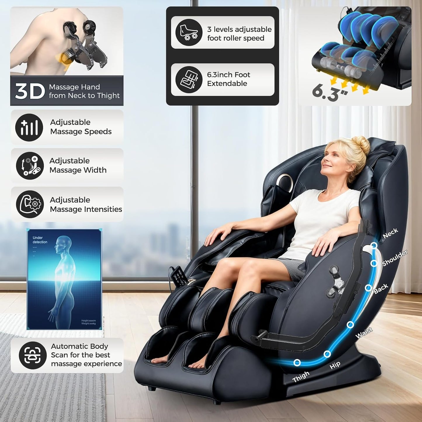 Zero Gravity Massage Chair: 3D Full Body Airbags Shiatsu Massaging Chairs - SL Track AI APP Body Scanning Heating Recliner