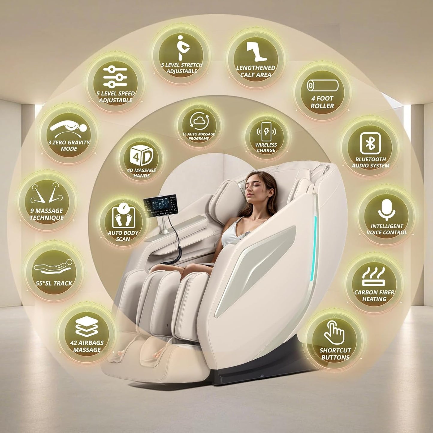4D Massage Chair Full Body Zero Gravity Recliner - 55“ SL-Track,15 Auto Modes,11 Massage Technique,40 Airbags Massage,with Yoga Stretch,APP Control,Shiatsu Foot Massage(Beige)