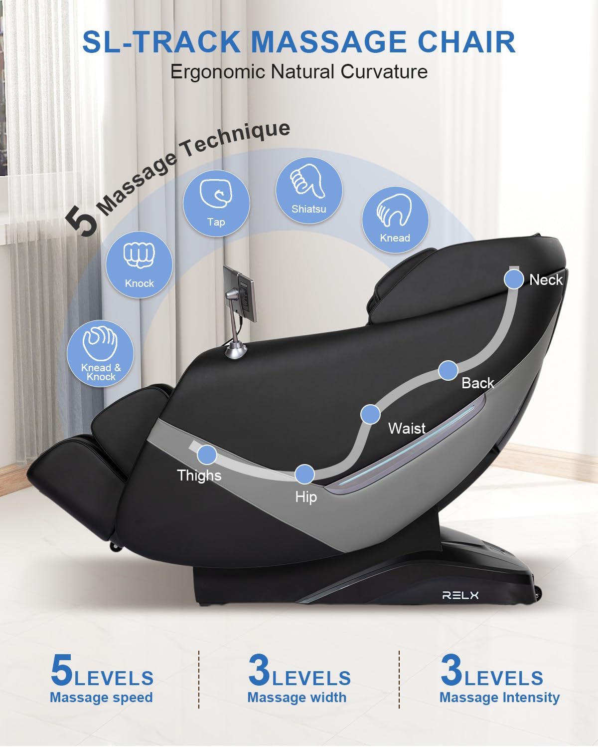 RELX 2025 Massage Chair Full Body, Zero Gravity Airbag Shiatsu Massage Chair with SL-Track, Heating, AI Control, Body Scan, 13 Modes, Foot Rollers, and Deep Yoga Stretch (Black)