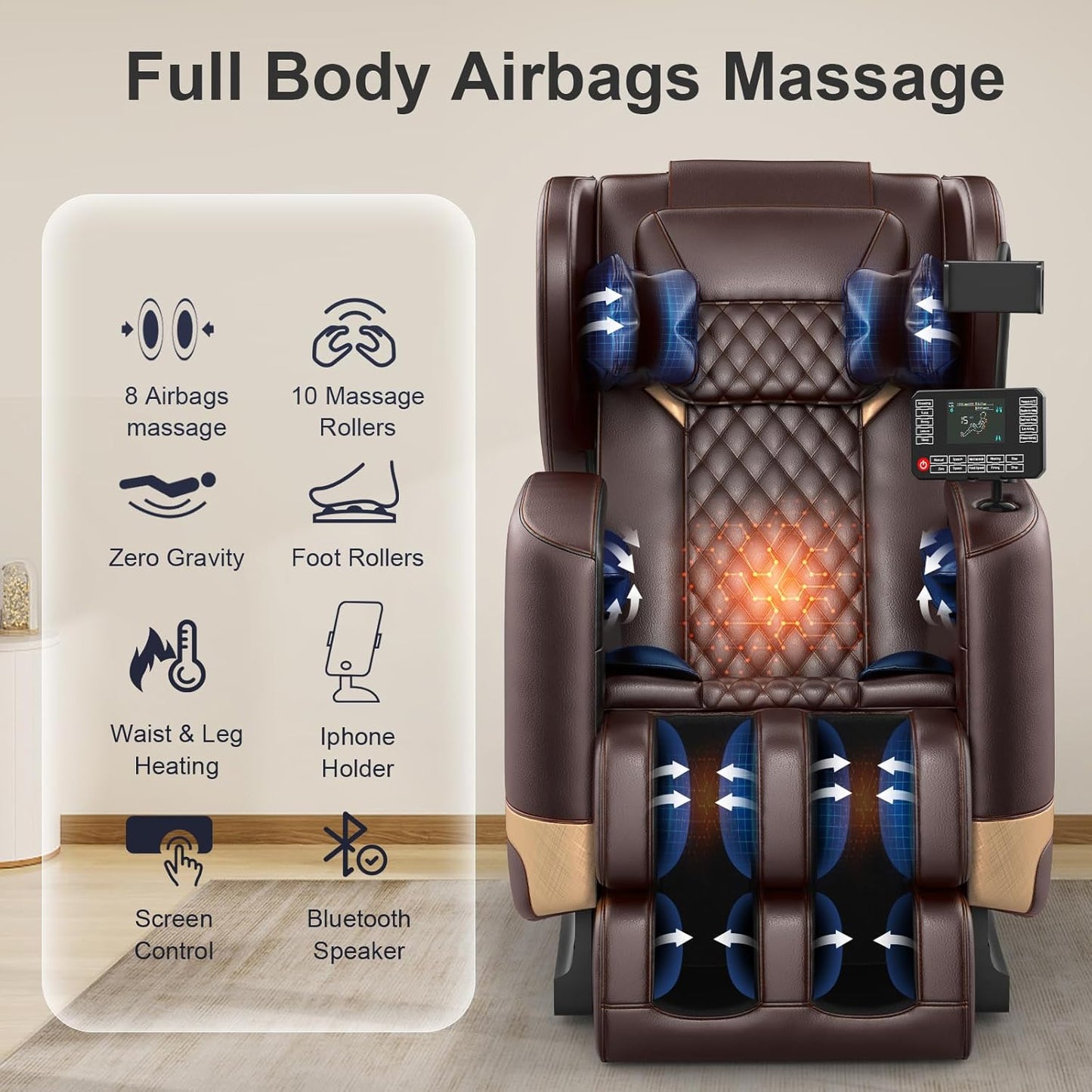 2025 Massage Chair Full Body, Zero Gravity Massage Chair with 10 Fix Rollers, Heating, Foot Massage, Auto Modes, Bluetooth Speaker, Touch Screen Controller (Brown Premium)