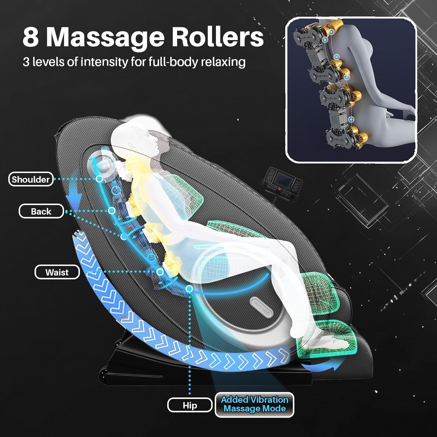 Massage Chair Full Body, Zero Gravity Massage Chair with 8 Fix Rollers, Foot Massage, Heating, Auto Modes, Full Body Airbag, Touch Screen Controller, Music Player, Home Massage for Back Fatigue