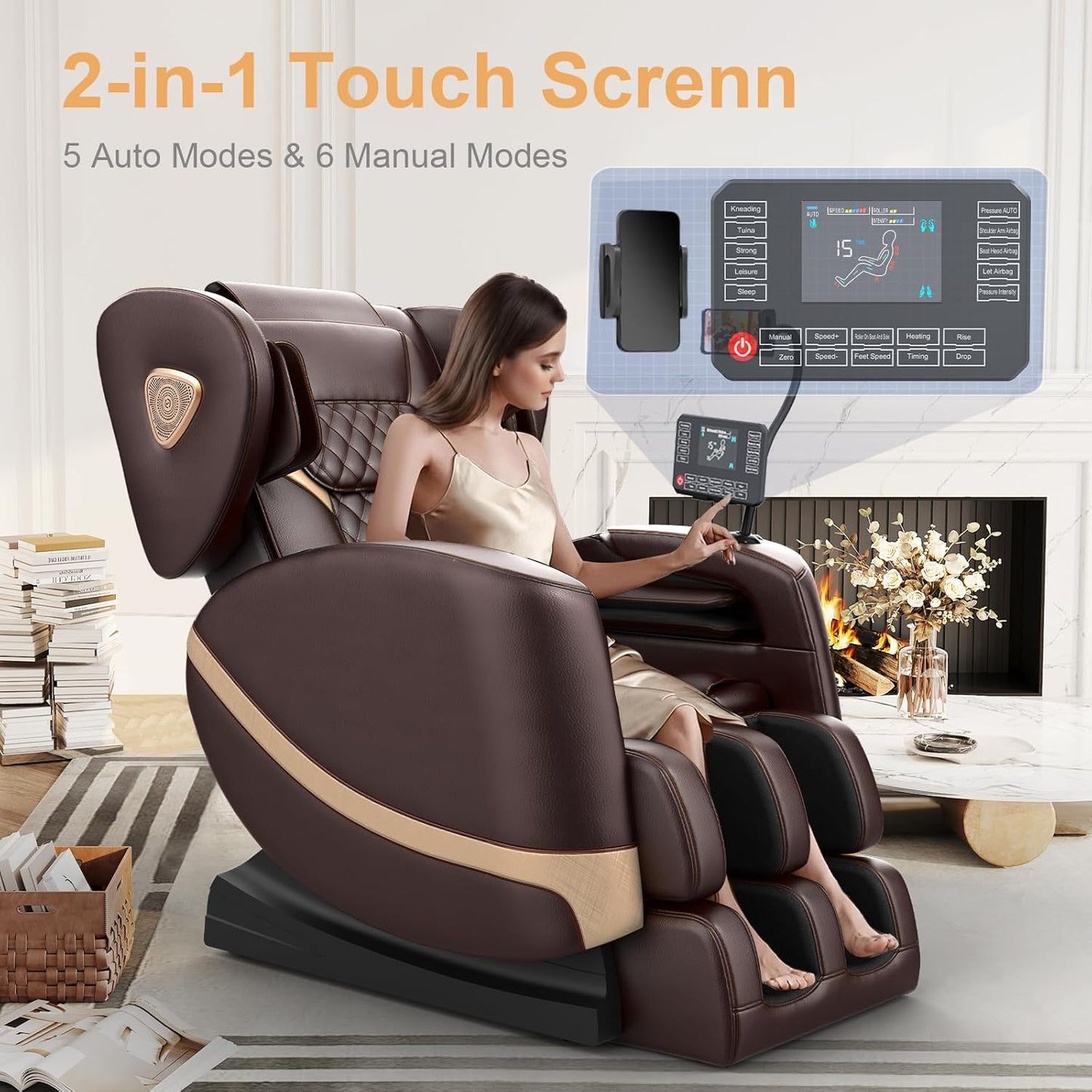 2025 Massage Chair Full Body, Zero Gravity Massage Chair with 10 Fix Rollers, Heating, Foot Massage, Auto Modes, Bluetooth Speaker, Touch Screen Controller (Brown Premium)