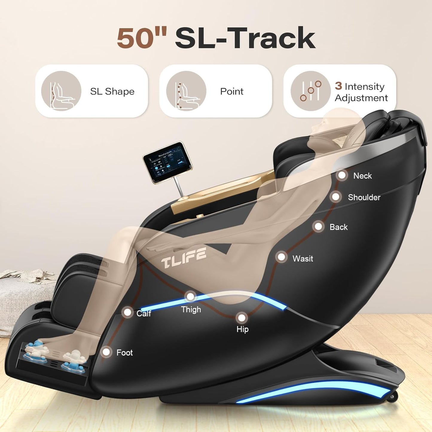 TLIFE Massage Chair Full Body, 160°Zero Gravity Recliner with Body Scan, 50" SL-Track Shiatsu Massage Chair, Fixed Point Massage, Foot Rollers, 12 Auto Modes, Deep Yoga Stretch, Heating, Black