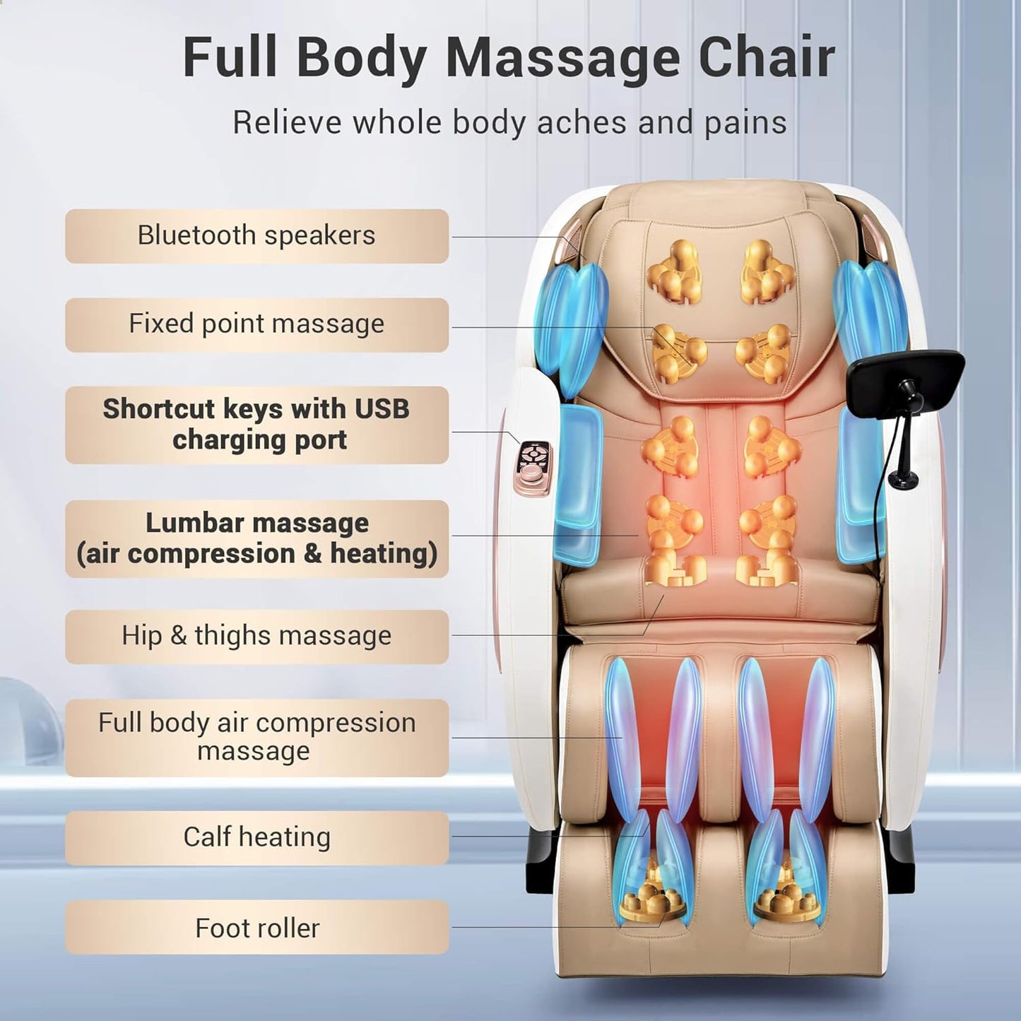 Massage Chair Full Body with Heat, Full Body Zero Gravity Shiatsu Massage Chair, Kneading Recliner w/ 20 Auto Modes, Foot Massage, Bluetooth, USB Charging Port, Touch Screen Controller