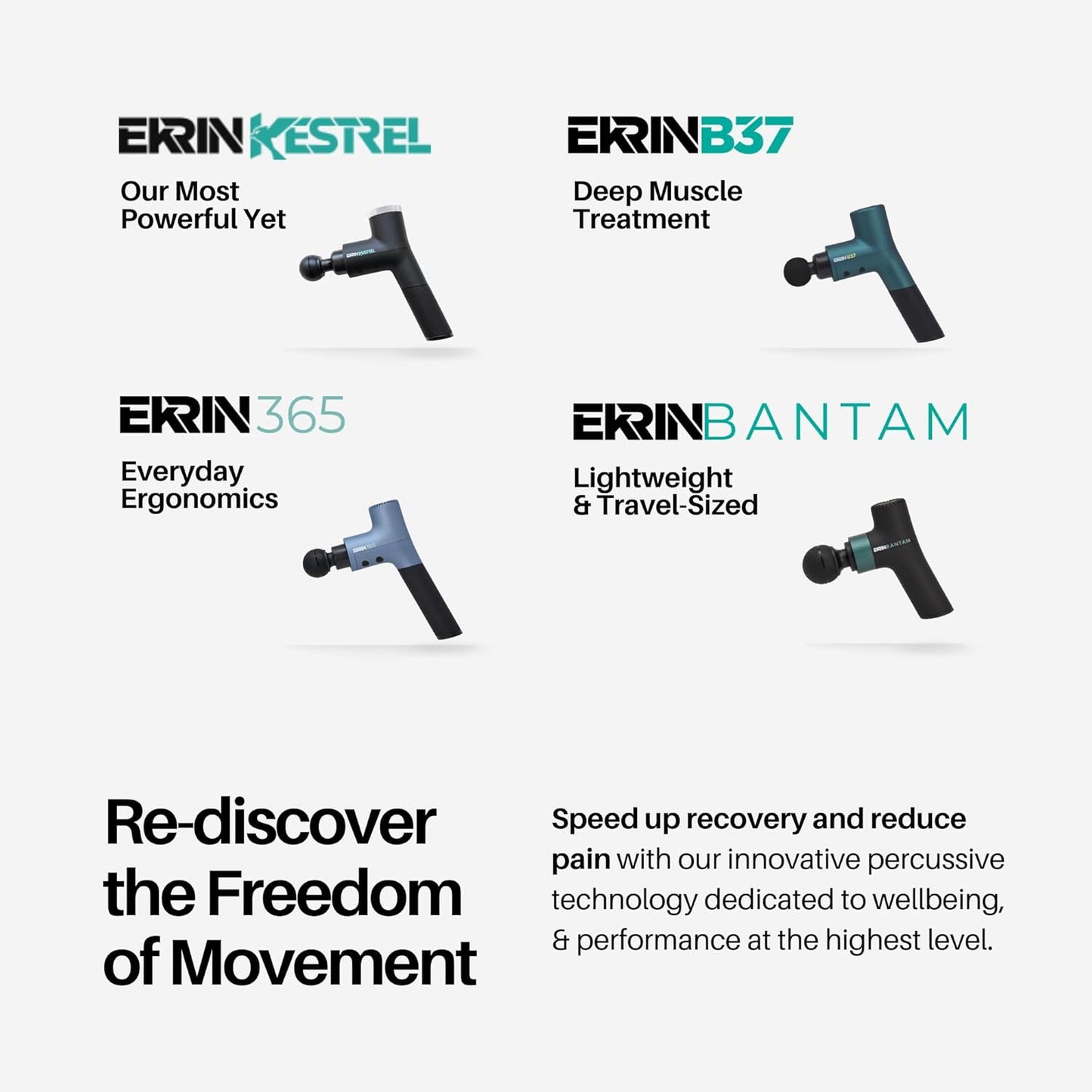 Ekrin Athletics Bantam Mini Massage Gun - Compact Deep Tissue Muscle Massager with Adjustable Speeds & 4 Attachments - Long Battery Life, Lightweight, Travel Friendly