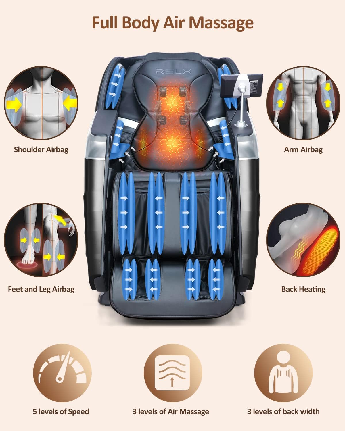 RELX 2025 Massage Chair Full Body, 15 Modes Zero Gravity SL-Track Shiatsu Massage Chair Built-in Heat System, Airbag Massage with Body Scan, Deep Yoga Stretch, Calfrest Extension and AI Control(Black)