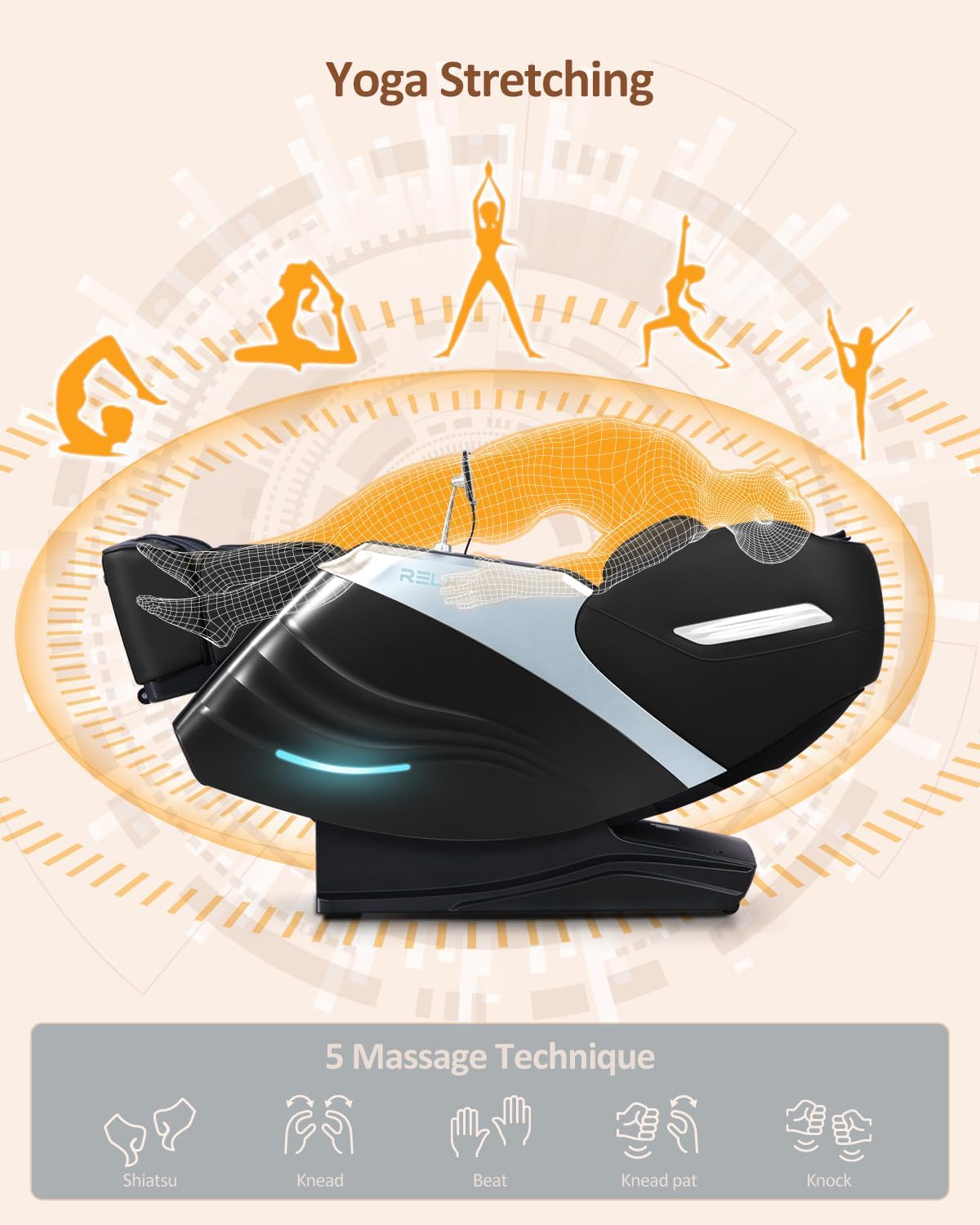 RELX 2025 Massage Chair Full Body, 15 Modes Zero Gravity SL-Track Shiatsu Massage Chair Built-in Heat System, Airbag Massage with Body Scan, Deep Yoga Stretch, Calfrest Extension and AI Control(Black)