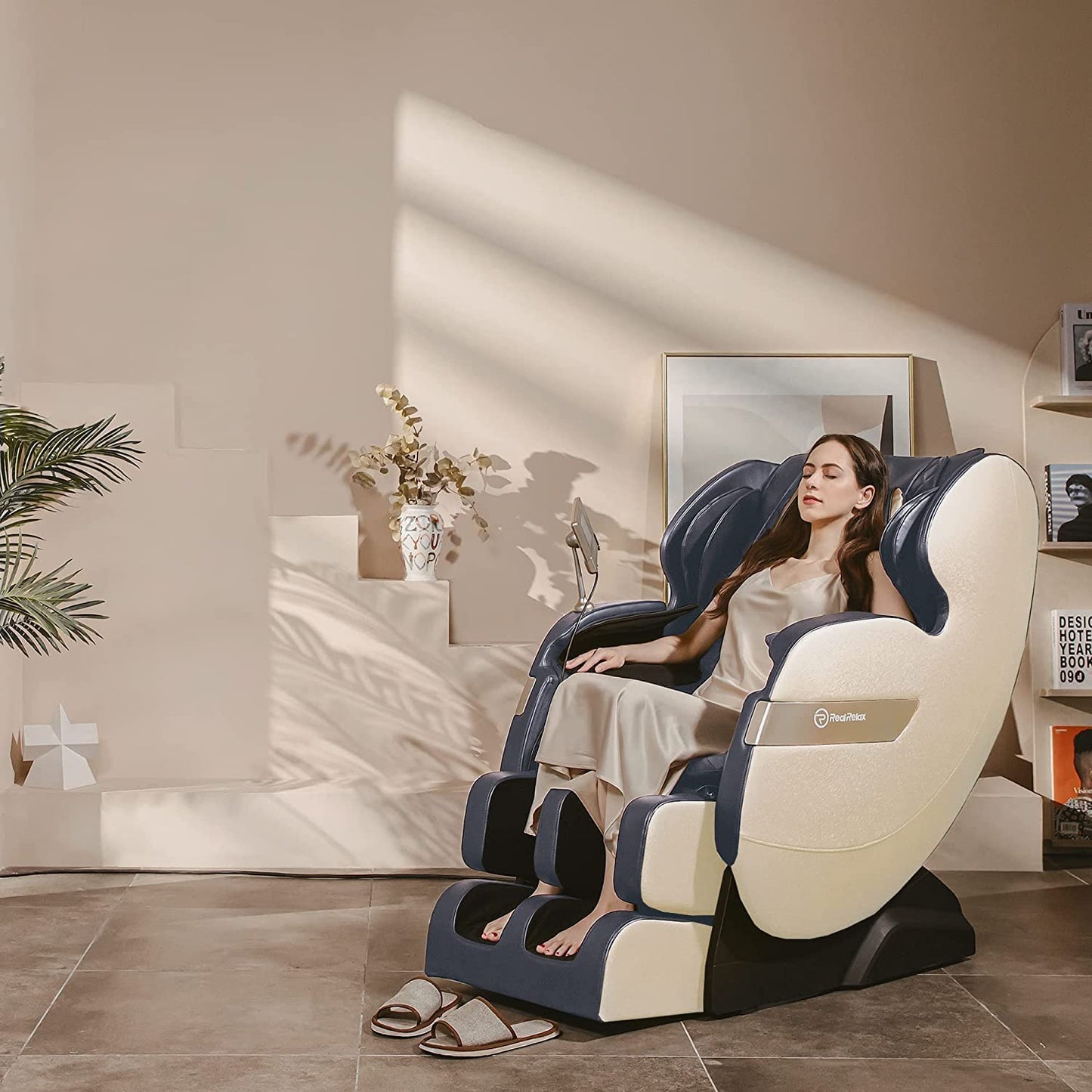 Real Relax 2025 Full Body Massage Chair of Dual-core S Track,Shiatsu Massage Recliner of Zero Gravity with APP and LCD Control,Lower Back and Calf Heating,Bluetooth,Home or Office Use,Blue and Khaki