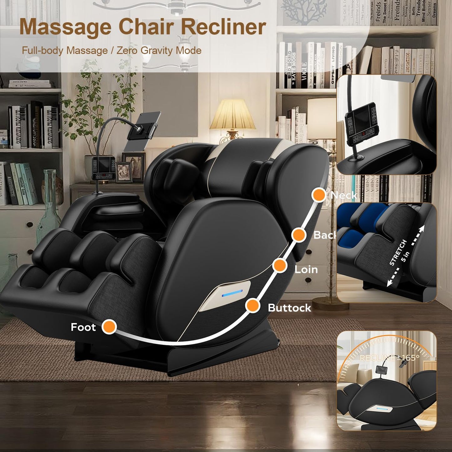 2025 Massage Chair Full Body, Zero Gravity SL-Track Shiatsu Massage Recliner Chair with Body Scan, 6 Fix Point Rollers,Airbags,Deep Yoga Stretch, Heating Function,Black