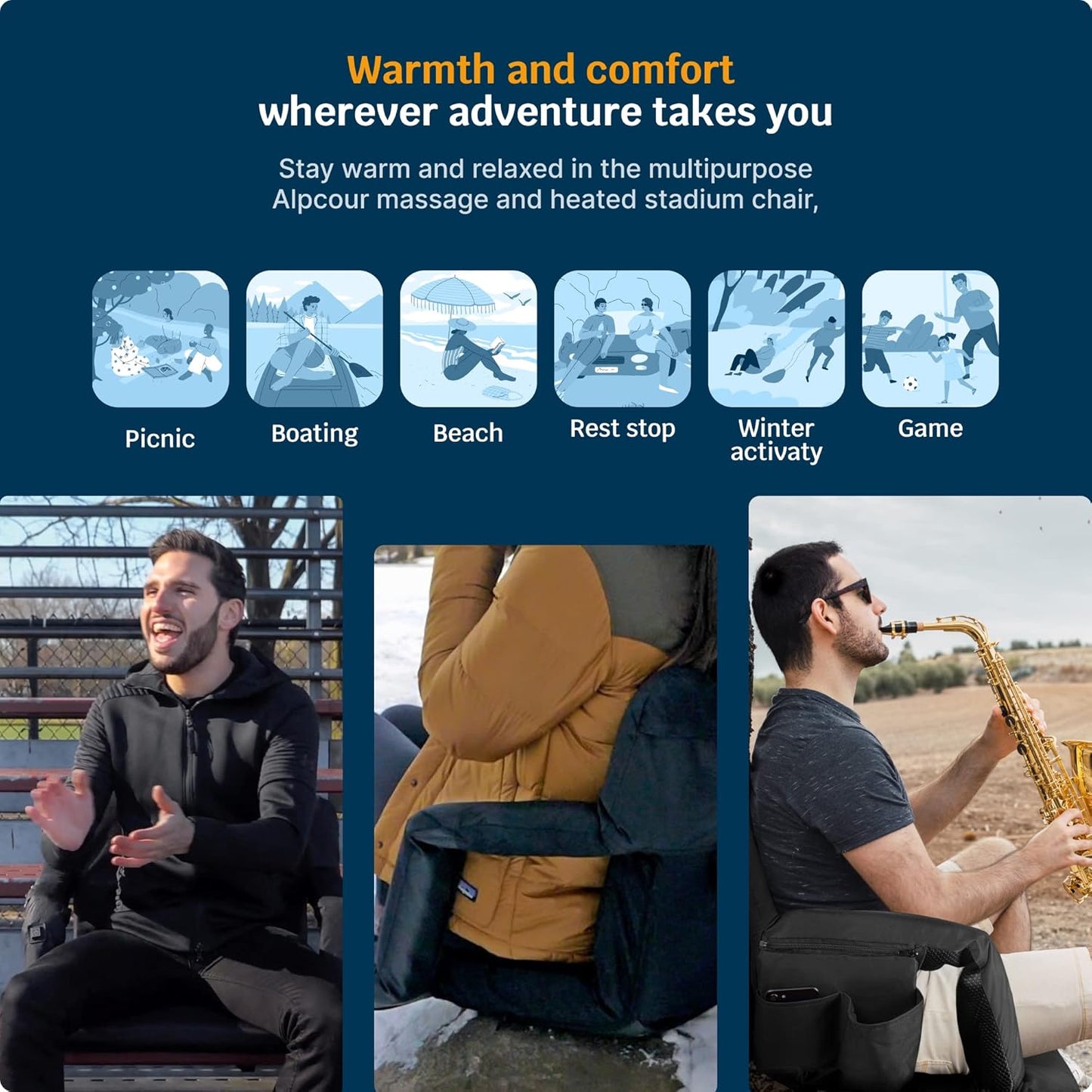 Alpcour Heated Massage Reclining Stadium Seat for Bleachers – Wide Bleacher Chair with Back Support and Cushion, Armrests, Large Pockets, and Multiple Safety Features – Best Stadium Seats Chairs