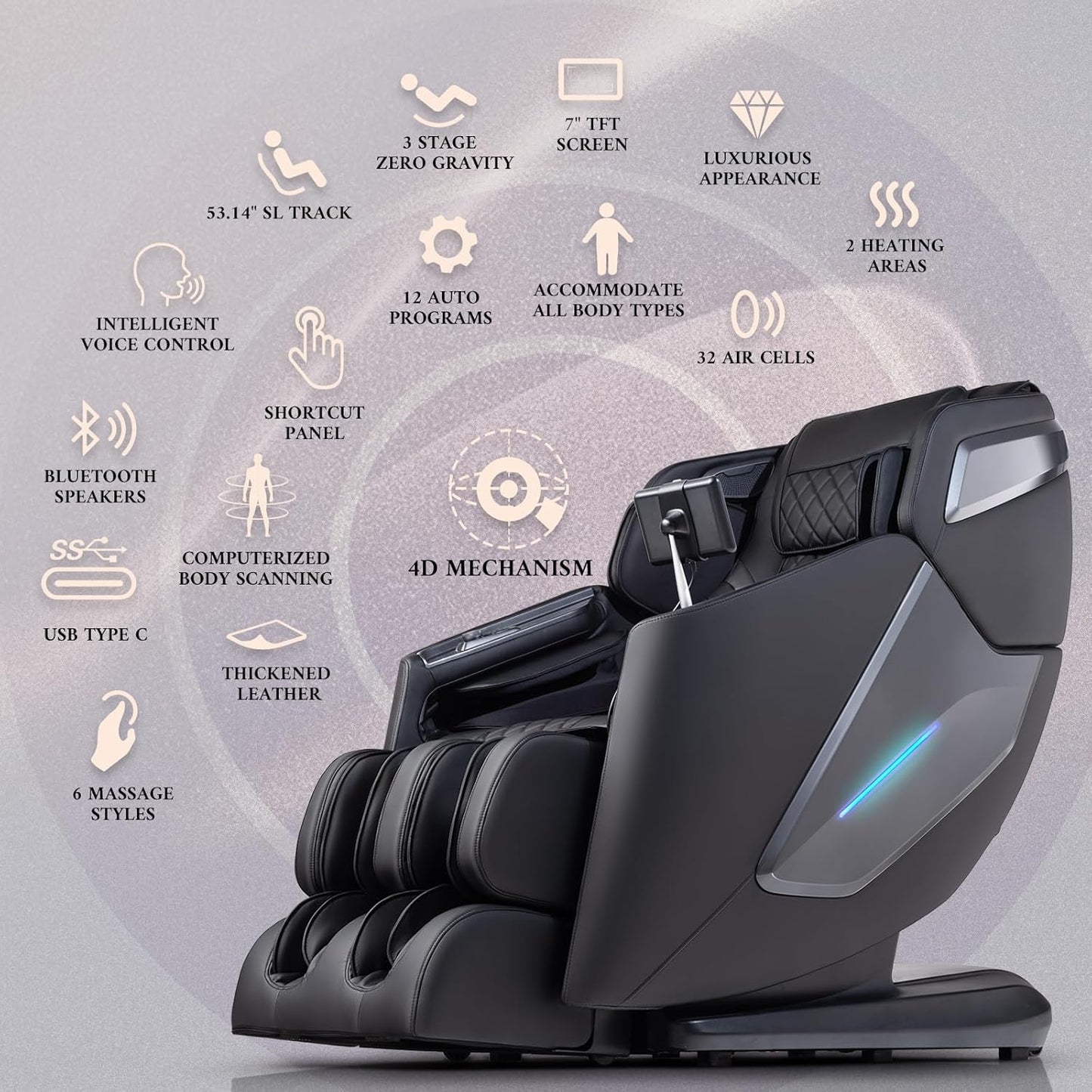 4D Massage Chair, Full Body Massage Chair, Zero Gravity Recliner w/Intelligent Voice Control, 53.14" SL Track, Electric Calfrest Extension, 12 Auto Modes, USB Type-C, Bluetooth Speaker, TFT Screen