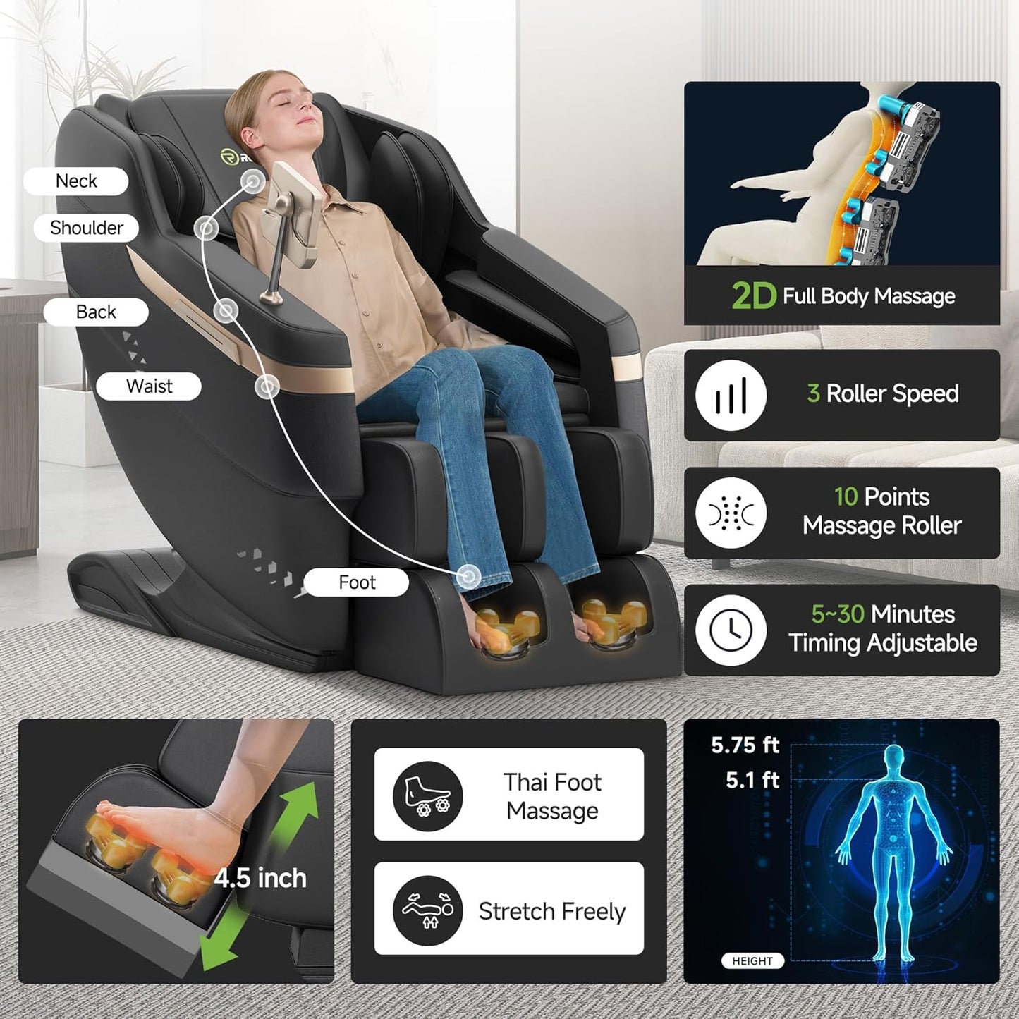 Real Relax 2025 Full Body Massage Chair, Zero Gravity Shiatsu Massage Chair Recliner, Waist and Calf Heating, Foot Massage, Bluetooth, Large Control Screen (Black and Gold)