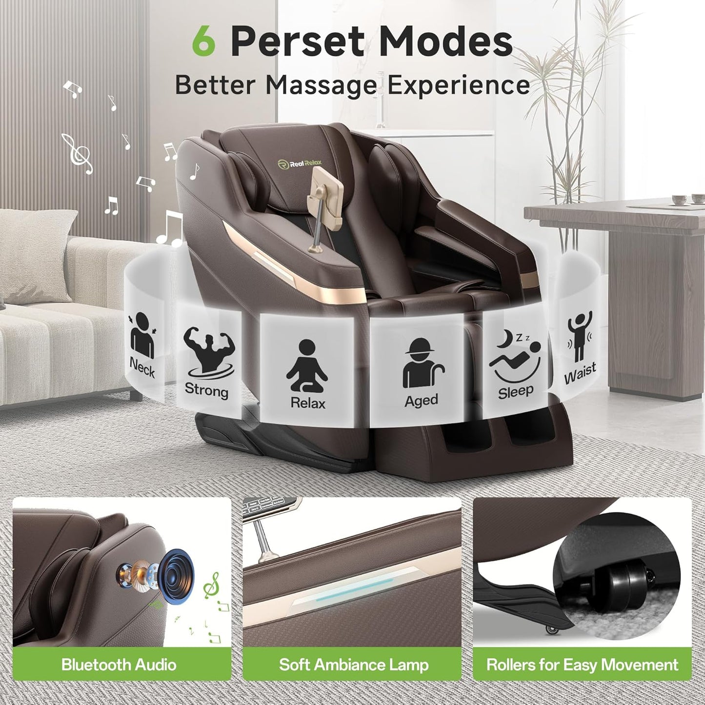 Real Relax 2025 Full Body Massage Chair, Zero Gravity Shiatsu Massage Chair Recliner, Waist and Calf Heating, Foot Massage, Bluetooth, Large Control Screen (Brown and Gold)