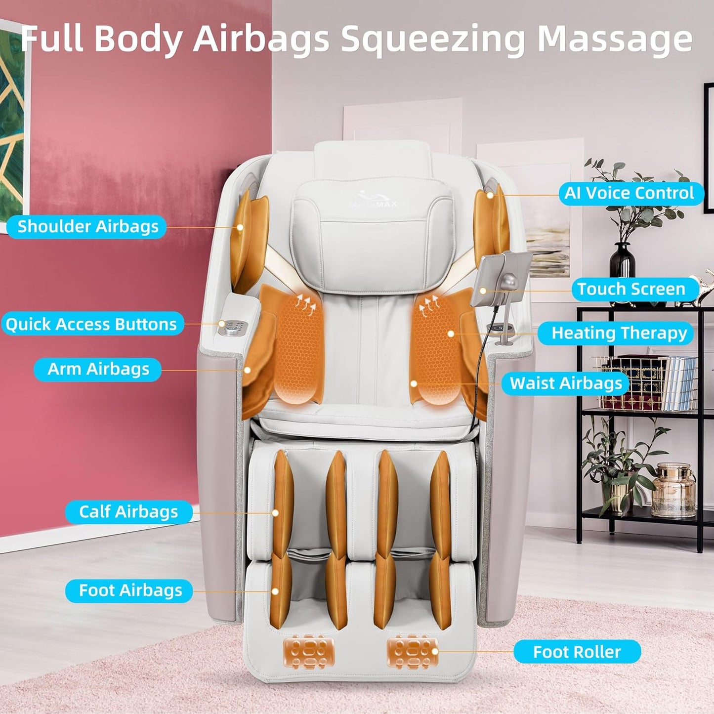MassaMAX A305 Massage Chair Full Body, Zero Gravity, 53.15" SL-Track Shiatsu Massage Recliner Chair with Heat, AI Voice Control, Body Scan and Calfrest Extension, 15 Modes, Fully Assembled, Golden