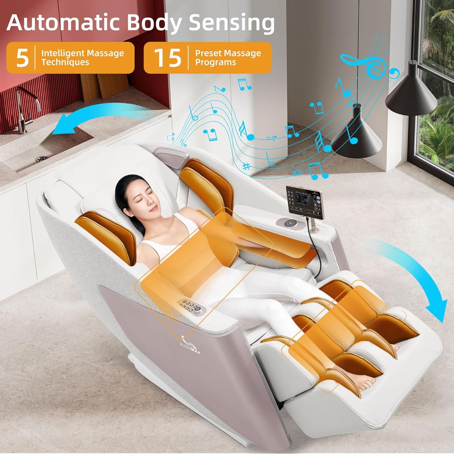 MassaMAX A305 Massage Chair Full Body, Zero Gravity, 53.15" SL-Track Shiatsu Massage Recliner Chair with Heat, AI Voice Control, Body Scan and Calfrest Extension, 15 Modes, Fully Assembled, Golden