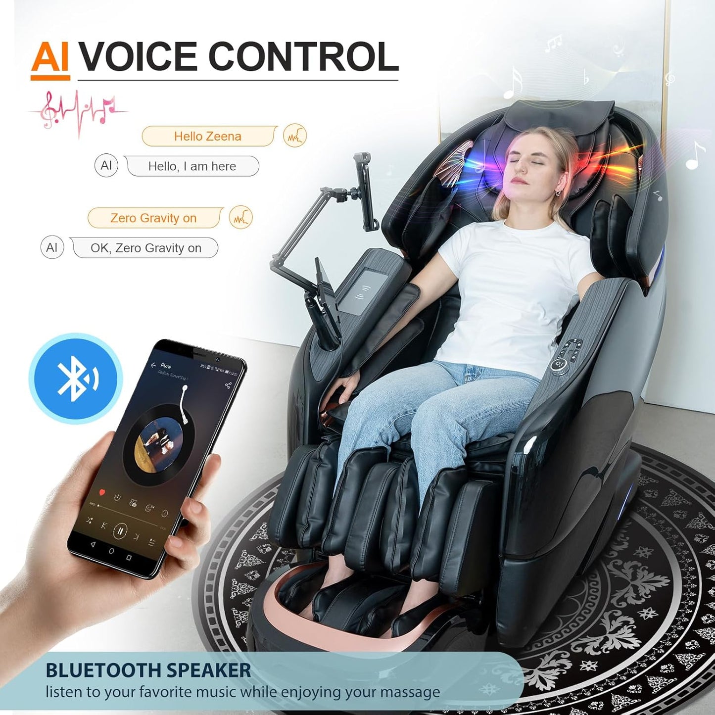 Massage Chair Full Body, 2025 Zero Gravity SL-Track Shiatsu Massage Chairs Recliner with AI Voice, LED Backlight Remote Control, Waist & Calf Heating, Phone Joystick and Holder, G6 Black