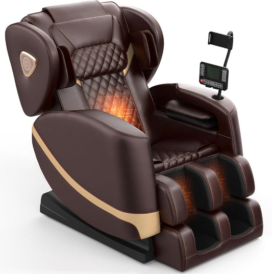 2025 Massage Chair Full Body, Zero Gravity Massage Chair with 10 Fix Rollers, Heating, Foot Massage, Auto Modes, Bluetooth Speaker, Touch Screen Controller (Brown Premium)