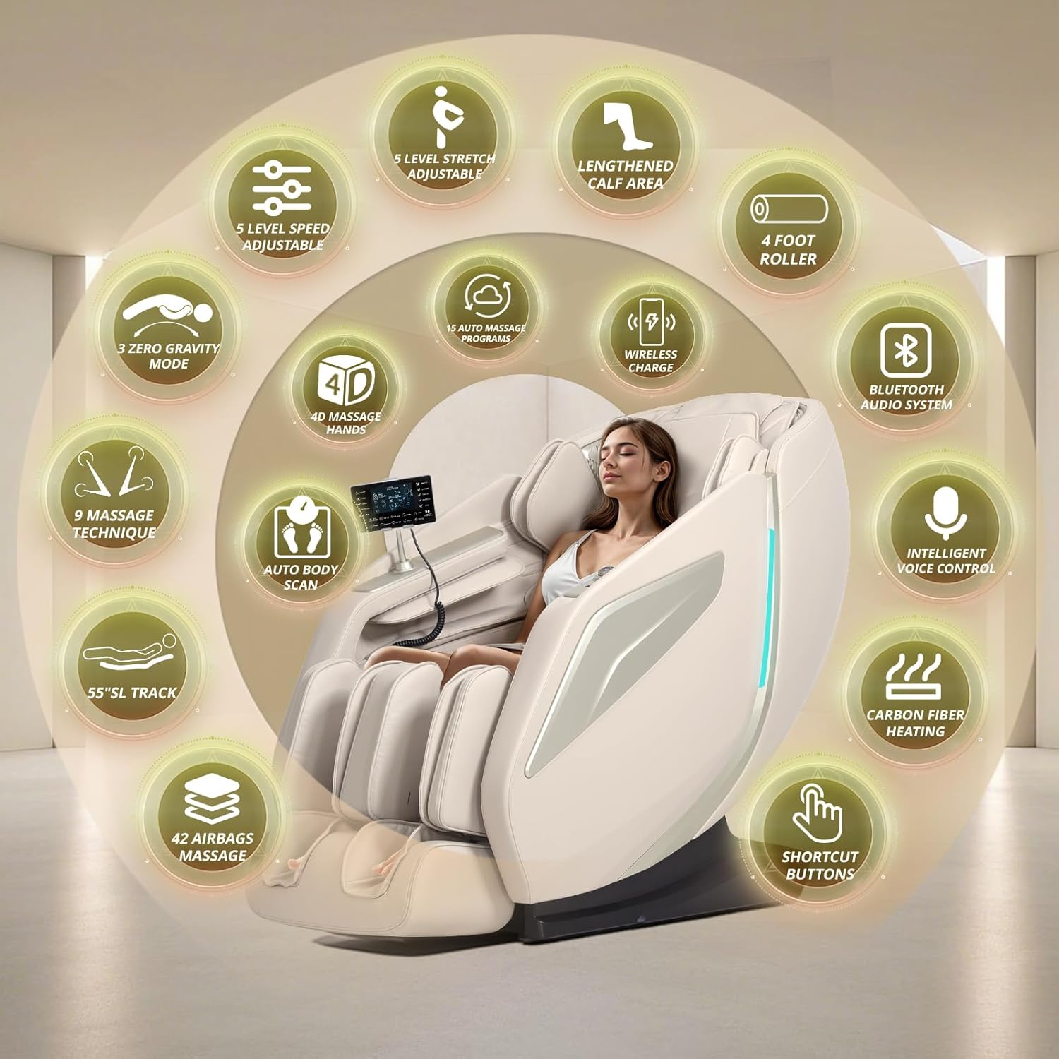 4D Massage Chair Full Body Zero Gravity Recliner - 55“ SL-Track,15 Auto Modes,11 Massage Technique,40 Airbags Massage,with Yoga Stretch,APP Control,Shiatsu Foot Massage(Beige)