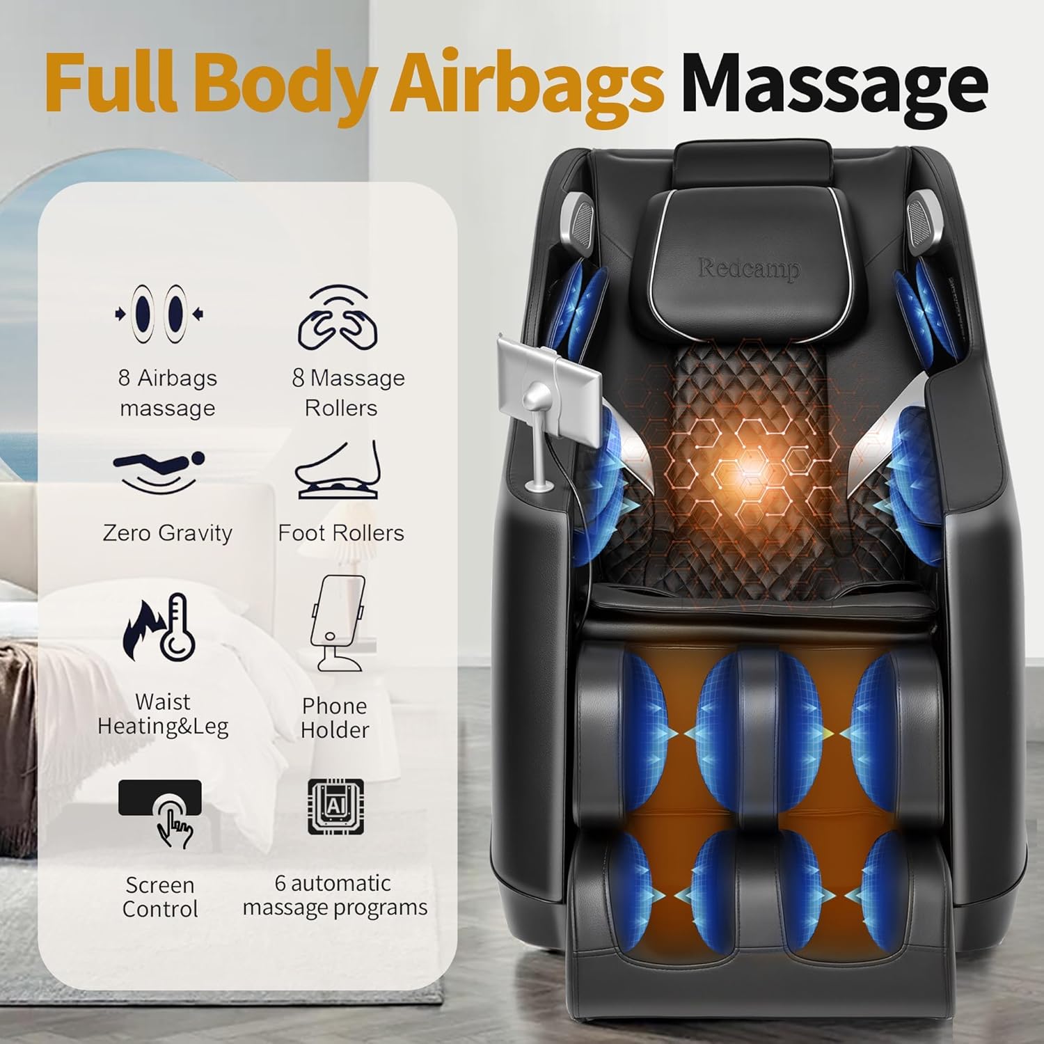 Massage Chair Full Body: with Zero Gravity, 8-Point Nodes, Waist & Leg Heat, Airbag Compression, Foot Rollers, Auto Massage Programs, Bluetooth Speakers, LED Remote, Adjustable Calf