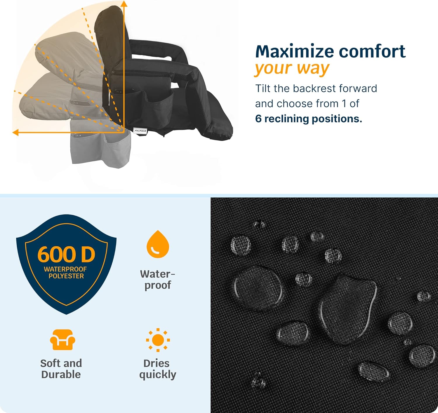 Alpcour Heated Massage Reclining Stadium Seat for Bleachers – Wide Bleacher Chair with Back Support and Cushion, Armrests, Large Pockets, and Multiple Safety Features – Best Stadium Seats Chairs