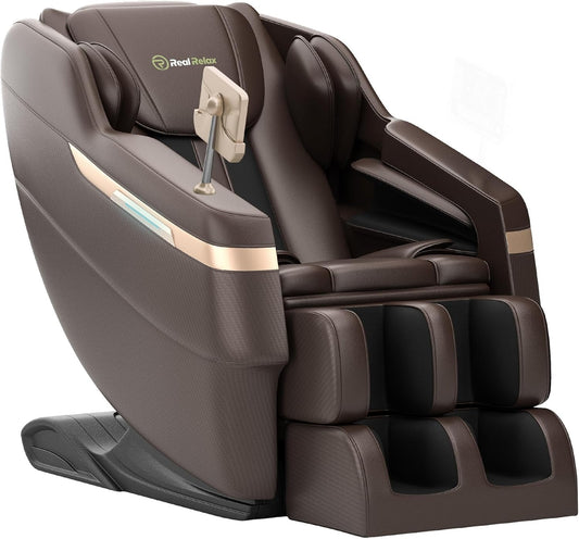 Real Relax 2025 Full Body Massage Chair, Zero Gravity Shiatsu Massage Chair Recliner, Waist and Calf Heating, Foot Massage, Bluetooth, Large Control Screen (Brown and Gold)