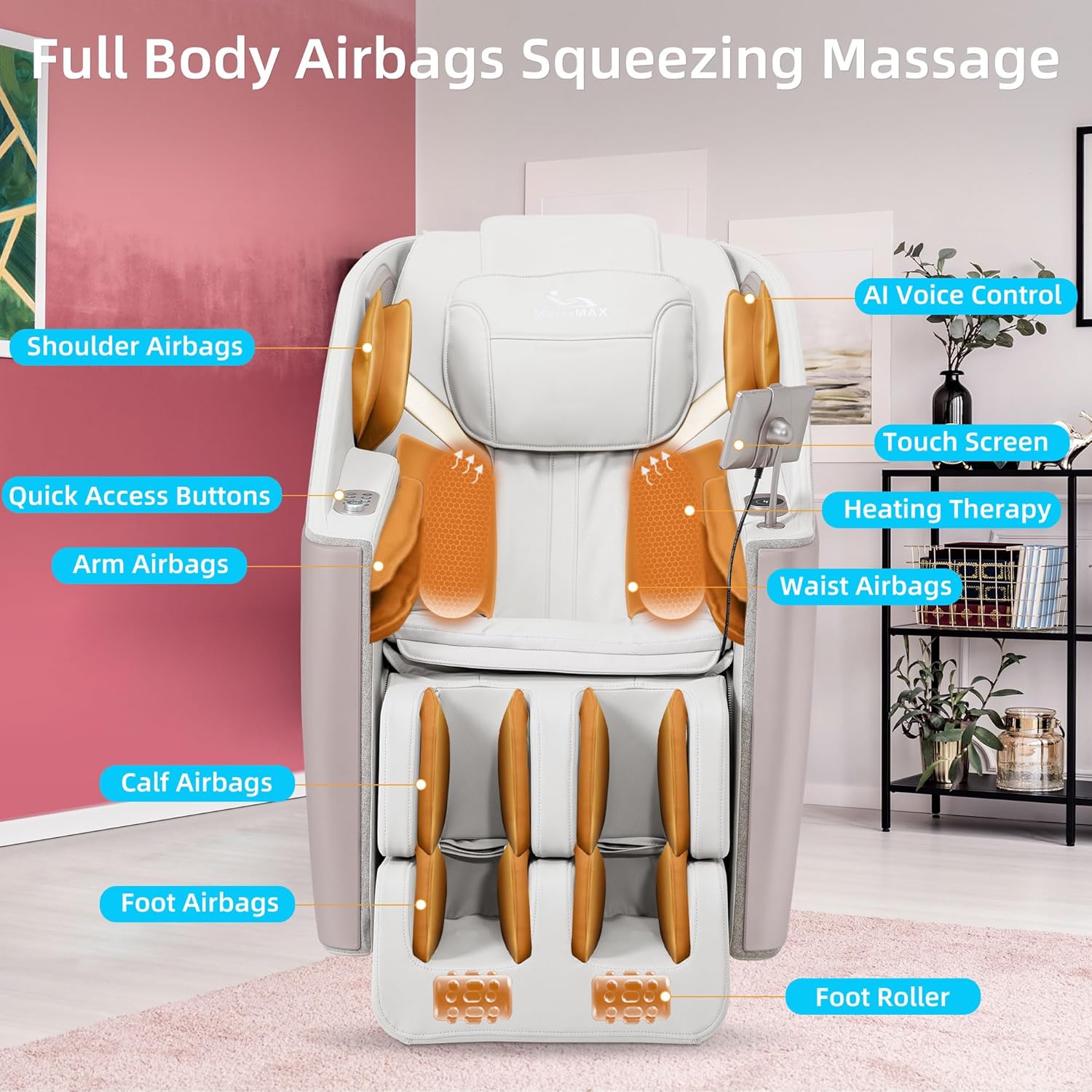 MassaMAX A305 Massage Chair Full Body, Zero Gravity, 53.15" SL-Track Shiatsu Massage Recliner Chair with Heat, AI Voice Control, Body Scan and Calfrest Extension, 15 Modes, Fully Assembled, Golden