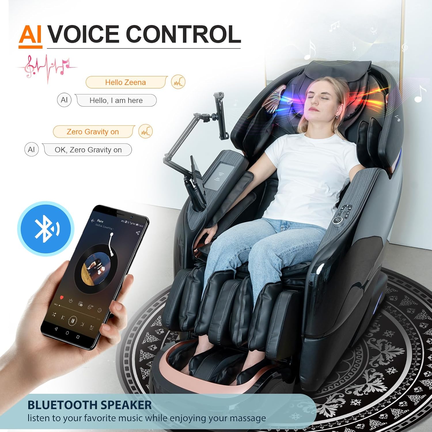 Massage Chair Full Body, 2025 Zero Gravity SL-Track Shiatsu Massage Chairs Recliner with AI Voice, LED Backlight Remote Control, Waist & Calf Heating, Phone Joystick and Holder, G6 Black